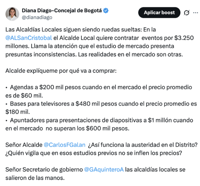 En este momento estás viendo SECRETARÍA DE GOBIERNO LE DA LA RAZÓN A DIANA DIAGO Y CONFIRMA PRESUNTOS SOBRECOSTOS DE HASTA 40% EN CONTRATO POR $3.250 MILLONES EN SAN CRISTÓBAL
